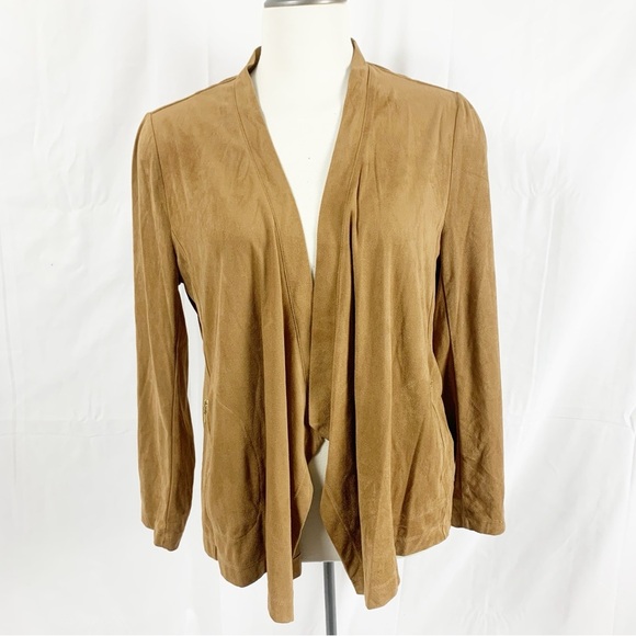 Tanjay Camel Brown Faux Suede Open Front Jacket with Gold Zip Pockets – Size 14 - Picture 1 of 8